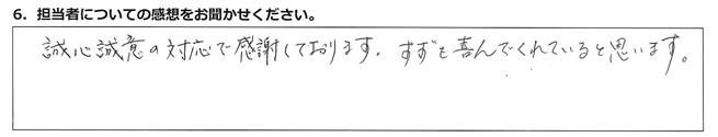 誠心誠意の対応で感謝しております。すずも喜んでくれていると思います。