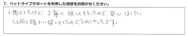 小鳥でしたけど丁寧に扱ってもらったので、安心しました。人と同じ暖かい扱いでしたのでうれしかったです。