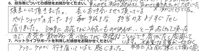 大変良くして頂きました。長くおつき合いさせて頂いているペットショップのオーナーより、手続き後、担当の方よりすぐTEL有りました。その時にお花など入れたいものがあれば、と一声おっしゃって頂いたので、お花や飲み物、食べ物など、準備することができ、有りがたく感激しています。不用意な言葉が一切なく、本当に人と同じ様にして頂いて、感謝しています。