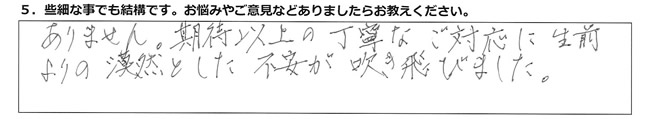 ありません。期待以上の丁寧なご対応に生前よりの漠然とした不安が吹き飛びました。